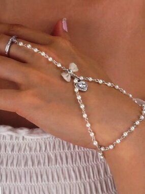 Kawaii Handmade Ringed Bracelet With Crystal Heart‎ and Pearl Beads Lolita Doll